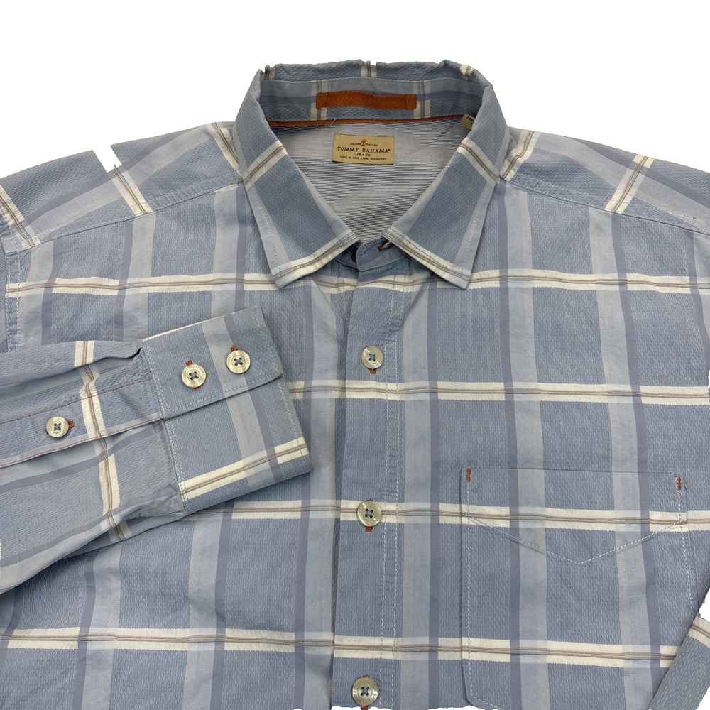 Tommy Bahama Jeans Vtg Y2K Mens M Blue Plaid L/S Button Shirt Island Crafted